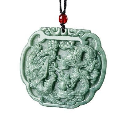 Temática de amor Pendente de colar de jadeite natural em estilo Feng Shui com dragão auspicioso e fênix