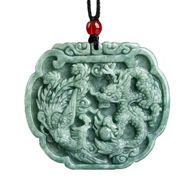 Temática de amor Pendente de colar de jadeite natural em estilo Feng Shui com dragão auspicioso e fênix