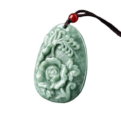 Jadeite Peony Flower Magpie Pendant Jade Sweater Chain Impressionante Arte Colecionável Adição para homens e mulheres