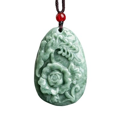 Jadeite Peony Flower Magpie Pendant Jade Sweater Chain Impressionante Arte Colecionável Adição para homens e mulheres