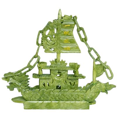Características regionais Barco Fengshui Jade Chinês Esculpido Barco Dragão Artesanato Técnica Esculpida