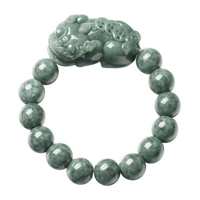 Pulseira de jadeite esculpida óleo verde Pixiu Homens e mulheres Pulseiras de charme Acessórios Anel de aniversário 13mm Diâmetro de contas