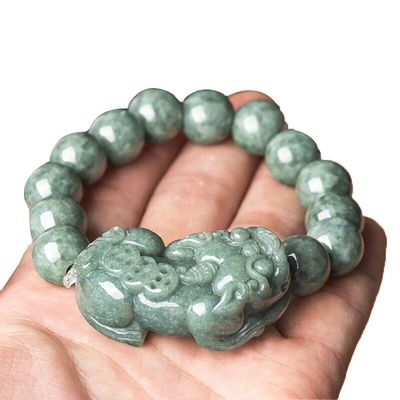 Pulseira de jadeite esculpida óleo verde Pixiu Homens e mulheres Pulseiras de charme Acessórios Anel de aniversário 13mm Diâmetro de contas