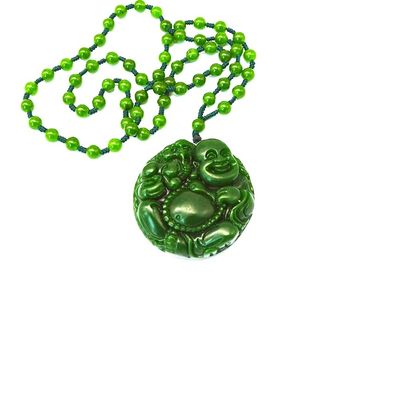 Estilo Feng Shui Característica Regional Verde Natural Grande Jade Pendente de Buda Feliz Colar com Cadeias