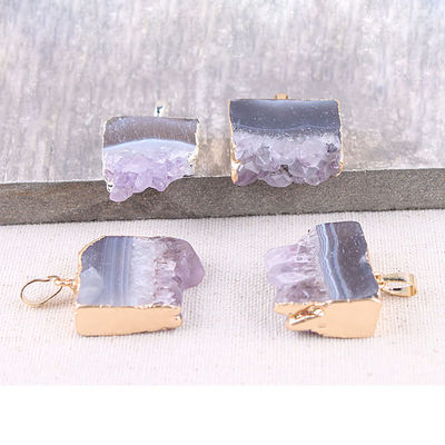 Feng Shui Natural Druzy Quartz Ágata Ametista Colar com Pendente Revestido de Ouro e Pedras de Cristal