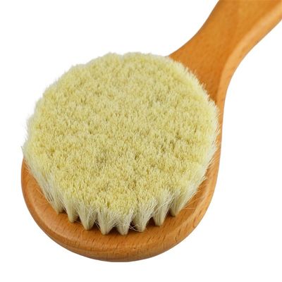 Pincel natural suave de lã escova seca punho de madeira escova de cabelo do bebê customizado LOGO Limpeza do rosto e corpo ferramenta de banho para massagem da pele