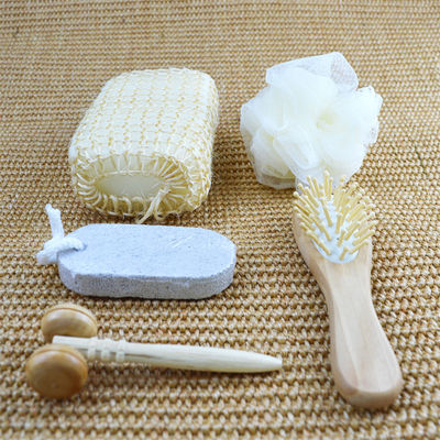 Limpeza corporal Banho de madeira com escova de cabelo Pumice Stone Bath Pouf Sisal Esponja Massager 6Pcs Spa Bath Beauty Gift Set