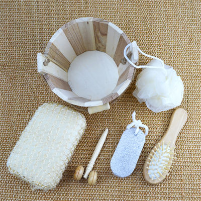 Limpeza corporal Banho de madeira com escova de cabelo Pumice Stone Bath Pouf Sisal Esponja Massager 6Pcs Spa Bath Beauty Gift Set
