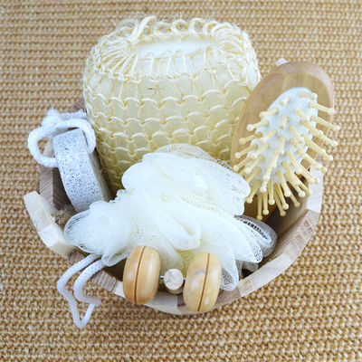 Limpeza corporal Banho de madeira com escova de cabelo Pumice Stone Bath Pouf Sisal Esponja Massager 6Pcs Spa Bath Beauty Gift Set