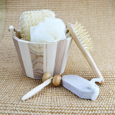 Limpeza corporal Banho de madeira com escova de cabelo Pumice Stone Bath Pouf Sisal Esponja Massager 6Pcs Spa Bath Beauty Gift Set