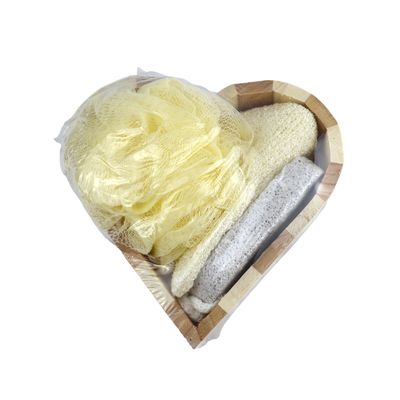 Equipamento de limpeza corporal de madeira natural de forma de amor conjunto de banho para experiência de spa