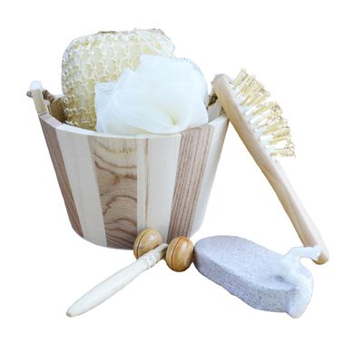 Massagista corporal conjunto banho em barril cinco peças com pedra pómez massagista facial shampoo pente esponja de banheiro e pouf de chuveiro