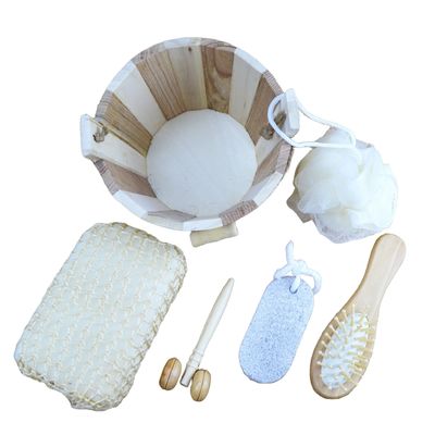 Massagista corporal conjunto banho em barril cinco peças com pedra pómez massagista facial shampoo pente esponja de banheiro e pouf de chuveiro