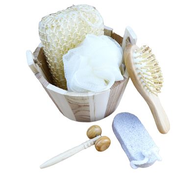 Massagista corporal conjunto banho em barril cinco peças com pedra pómez massagista facial shampoo pente esponja de banheiro e pouf de chuveiro