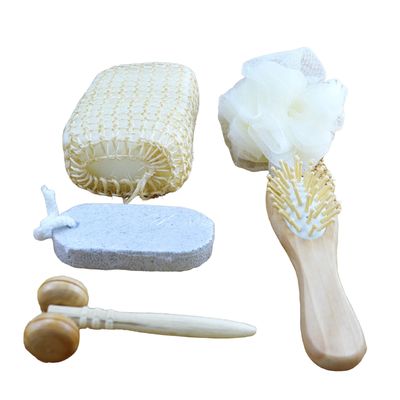 Massagista corporal conjunto banho em barril cinco peças com pedra pómez massagista facial shampoo pente esponja de banheiro e pouf de chuveiro