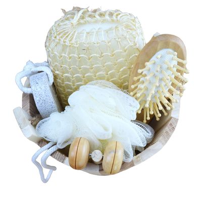 Massagista corporal conjunto banho em barril cinco peças com pedra pómez massagista facial shampoo pente esponja de banheiro e pouf de chuveiro