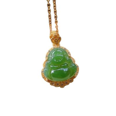 925 Prata incrustada Nefrita Verde Jade Rindo Buda Colar Pendente com Pedras de Cristal e Dimensão Pequena