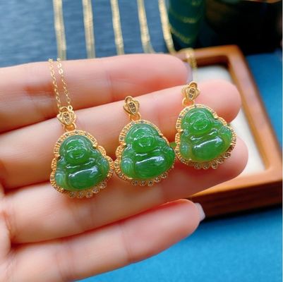 925 Prata incrustada Nefrita Verde Jade Rindo Buda Colar Pendente com Pedras de Cristal e Dimensão Pequena