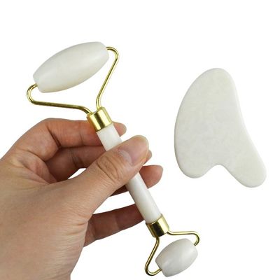 Massagista corporal Pedra de jade branca natural Gua Sha Scraping Board Guasha Face Roller Gift Box Set Spa Massage Tool Cuidado da pele Rutinha de beleza facial