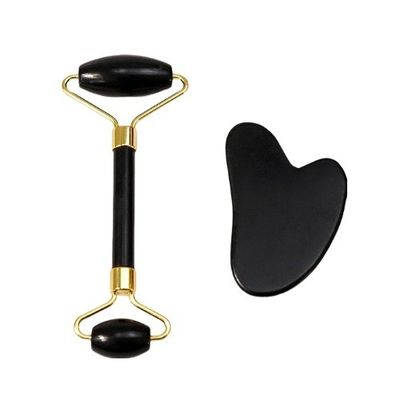 Escrava-corpo Logotipo personalizado DisponívelRoller de Massagem Facial Bianstone Preto Natural Guasha Set de Roller de Jade Negro para Massagem