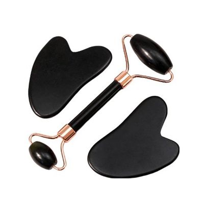 Escrava-corpo Logotipo personalizado DisponívelRoller de Massagem Facial Bianstone Preto Natural Guasha Set de Roller de Jade Negro para Massagem