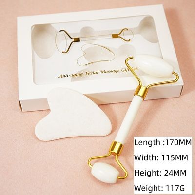 Logotipo personalizado DisponívelRoller de Jade Branco E Guasha Set Para Massagem Facial Gua Sha Com Caixa Regalo Para Músculos do Corpo