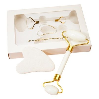 Logotipo personalizado DisponívelRoller de Jade Branco E Guasha Set Para Massagem Facial Gua Sha Com Caixa Regalo Para Músculos do Corpo