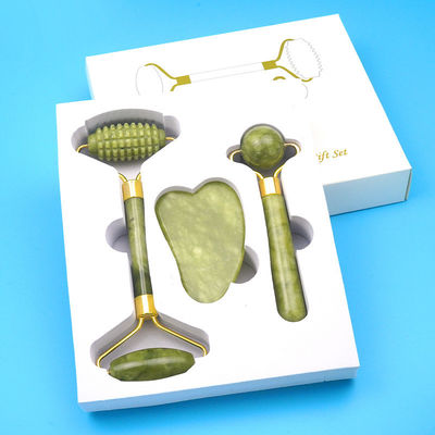 Músculos do corpo Pedra de jade natural Gua Sha Tabela de raspagem Guasha Rolo de rosto Caixa de presente de três peças Set de ferramentas de massagem de spa Cuidados com a pele Beleza facial