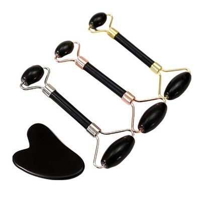 Massagem Muscular Personalizada Black Bian Stone Gua Sha Scraping Board Guasha Face Roller Gift Box Set para Spa Skin Care Routine