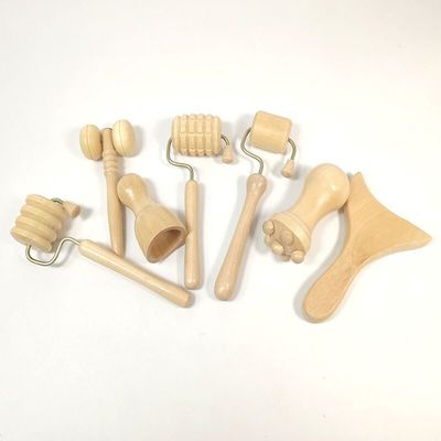 Kit de massagem de madeira de 7pcs para Gua Sha Roller e Manual Roller Ferramenta de massagem de corpo de madeira Guasha