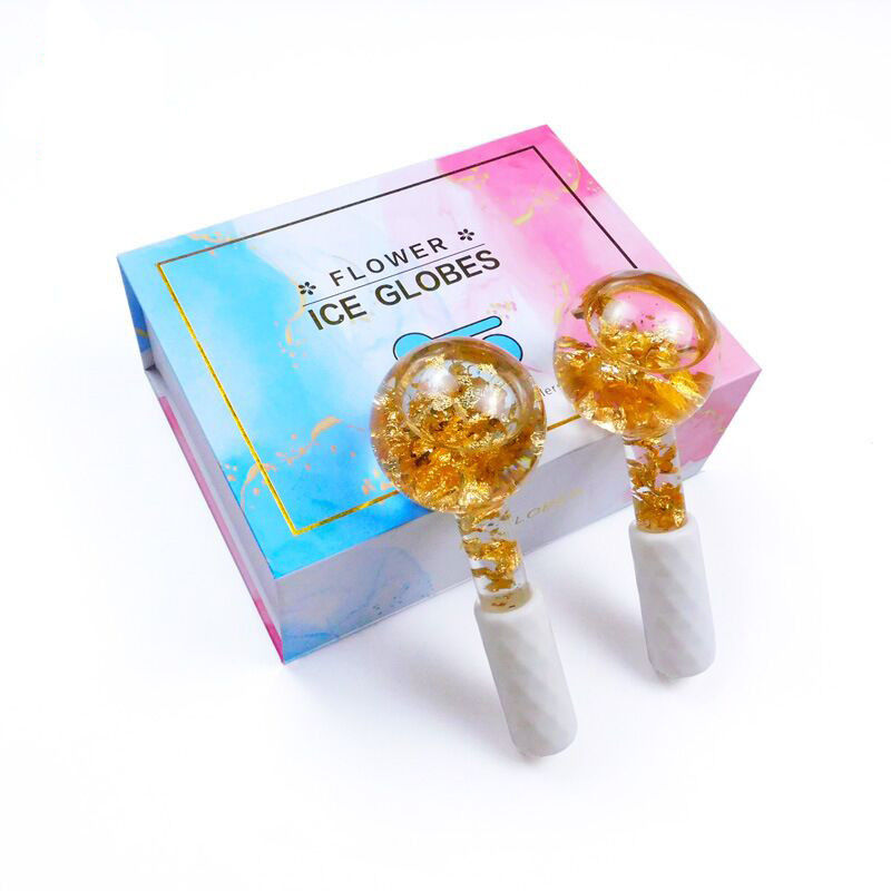 Borosilicato de vidro 24K folha de ouro globos de gelo para massagista facial para reduzir inflamação de inchaço e bolsas sob os olhos