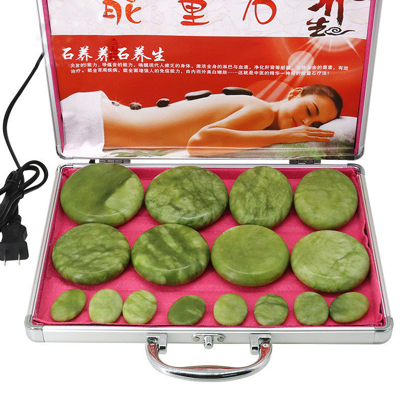 Ferramentas de massagem Pedra de oliva Massagista Pedra com Caixa de aquecimento de alumínio Kit de massagem de calor Pedras de energia de basalto para cuidados de saúde