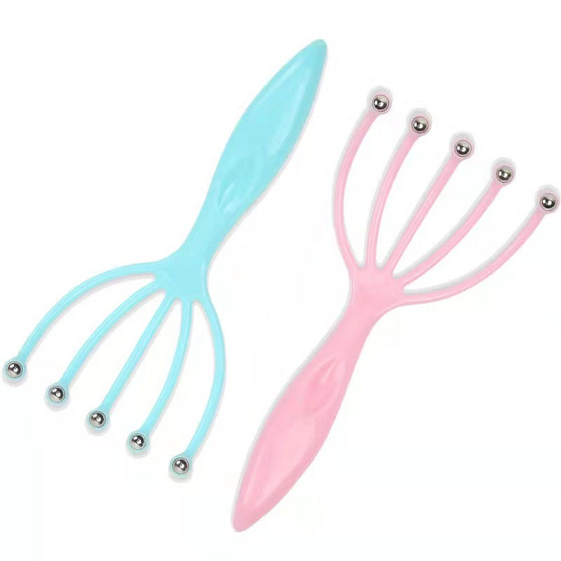 Massajador de cabeça azul/rosa com cinco garras Bola de aço para massagem de relaxamento do couro cabeludo Ferramentas de massagem para alívio de dor de cabeça 100g Ferramentas de dragagem de meridianos