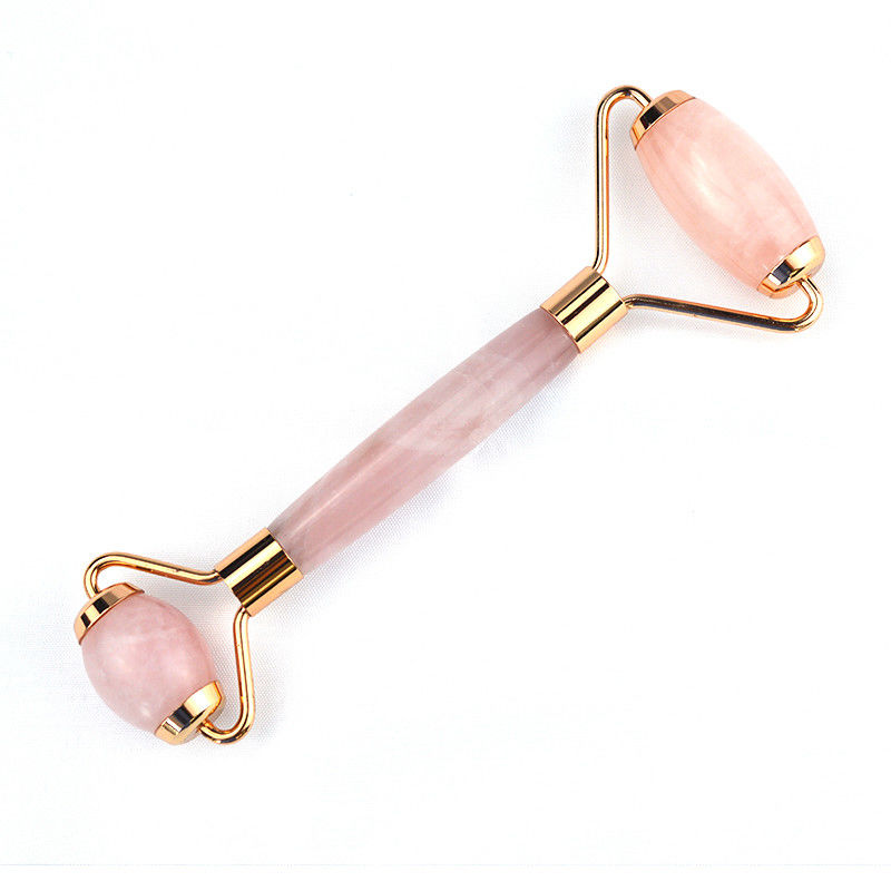 Logotipo personalizado DisponívelD Natural Rose Quartz Gold Handle Facial Jade Roller Rosa Cristal Massager Para Tratamento de Beleza da Pele