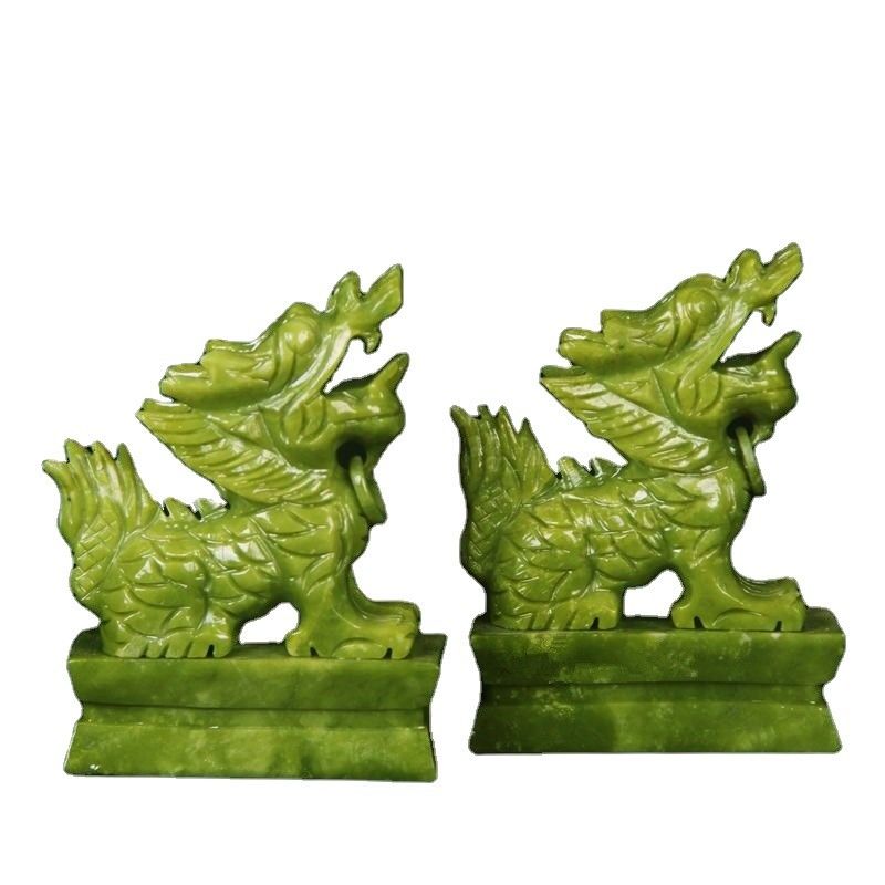 Pedra verde Feng Shui gravura Figura animal esculpida Ano chinês Jade Pixiu estátua para Feng Shui Par de decoração