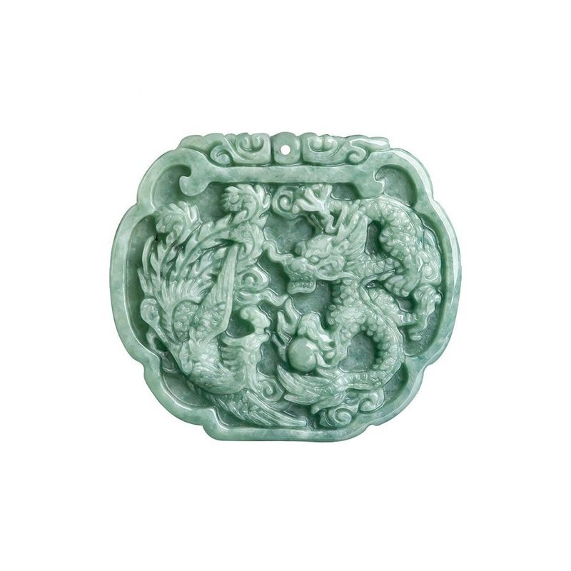 Temática de amor Pendente de colar de jadeite natural em estilo Feng Shui com dragão auspicioso e fênix