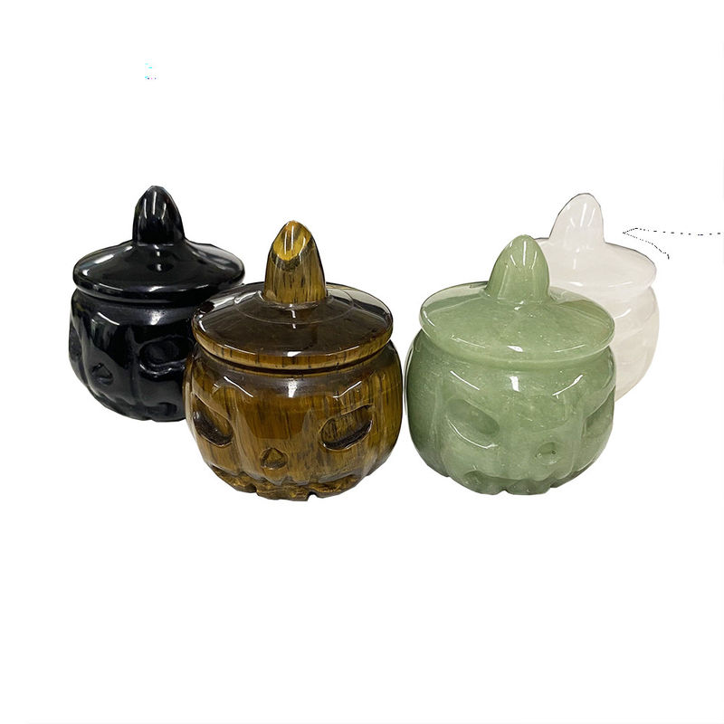 Técnica de gravura Cristal natural Pedra semi-preciosa Escultura abóbora perfeitamente esculpida para decoração de Halloween