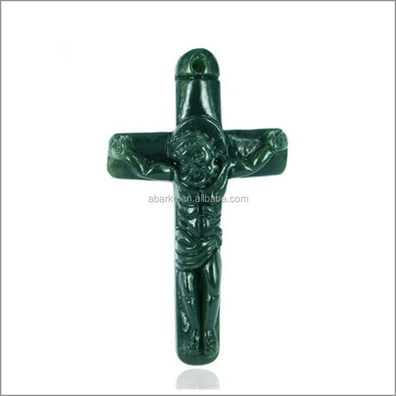 Pantalão HeTian Jadeia Verde Natural Jesus Cristo Cruz Pantalão Colar de Moda Jóias para Homens e Mulheres Moda