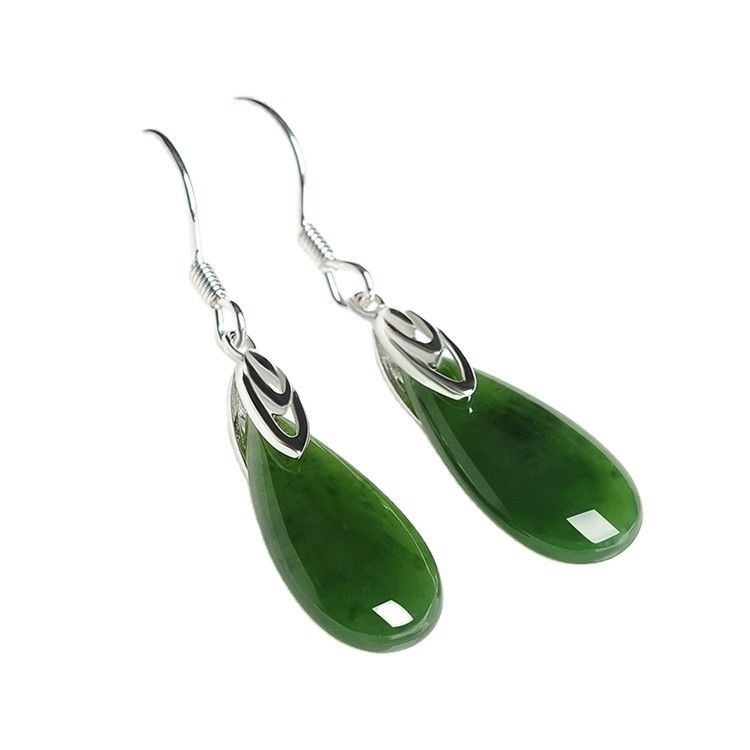 925 Sterling Silver Design Nefrite Verde Jade Drop Brincos com Impressão de Sublimação de Logotipo Personalizado