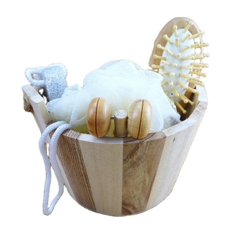 Limpeza corporal Banho de madeira com escova de cabelo Pumice Stone Bath Pouf Sisal Esponja Massager 6Pcs Spa Bath Beauty Gift Set