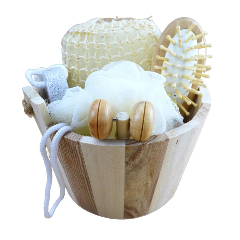 Massagista corporal conjunto banho em barril cinco peças com pedra pómez massagista facial shampoo pente esponja de banheiro e pouf de chuveiro