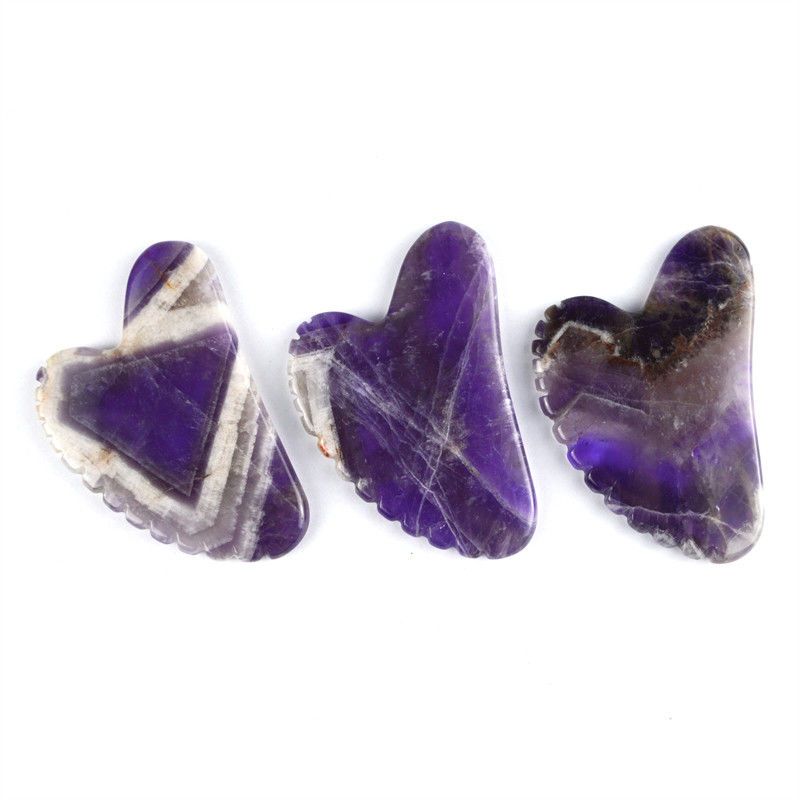 2024 ferramentas de massagem de tendência forma de coração natural ametista gua sha com dentes logotipo personalizado guasha corpo auto cuidados da pele