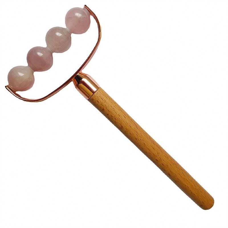 Massagista Facial Portátil Rosa Quartz Cabeça Única Facial Anti-Rrugas Roller Mão de Madeira