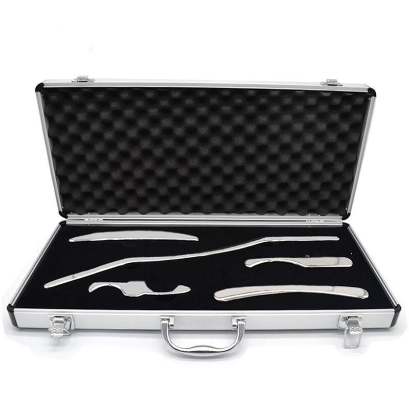 Propriedades de prata de aço inoxidável de grau médico ferramentas de gua sha para massagem de beleza propriedades 5 em 1 conjunto