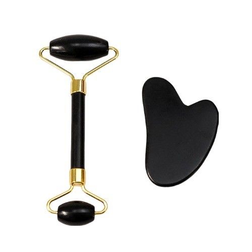 Escrava-corpo Logotipo personalizado DisponívelRoller de Massagem Facial Bianstone Preto Natural Guasha Set de Roller de Jade Negro para Massagem