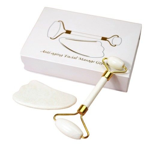 Logotipo personalizado DisponívelRoller de Jade Branco E Guasha Set Para Massagem Facial Gua Sha Com Caixa Regalo Para Músculos do Corpo