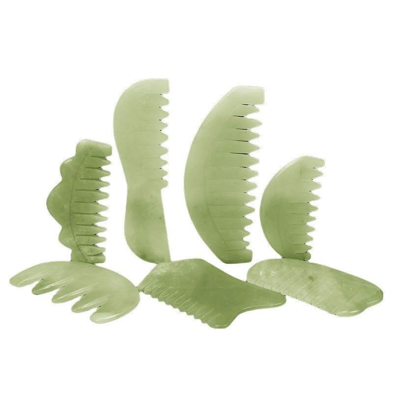 Terapia de acupuntura e massagem do couro cabeludo Peite de cabelo de jade natural com ferramentas Xiuyan Jade Gua Sha