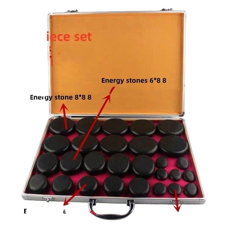 Massagem Muscular Kit de Massagem de Pedras Quentes Caixa de aquecimento de alumínio com 28 peças Pedras de Energia de Basalto em preto